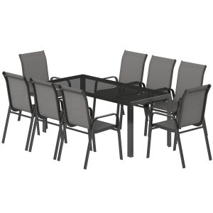 Outsunny 9 Pieces Patio Set with Stackable Chairs, Patio Dining Set with Glass Top for Garden, Patio, Backyard, Dark Grey - Image 2