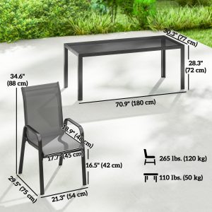 Outsunny 9 Pieces Patio Set with Stackable Chairs, Patio Dining Set with Glass Top for Garden, Patio, Backyard, Dark Grey - Image 3