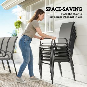 Outsunny 9 Pieces Patio Set with Stackable Chairs, Patio Dining Set with Glass Top for Garden, Patio, Backyard, Dark Grey - Image 4