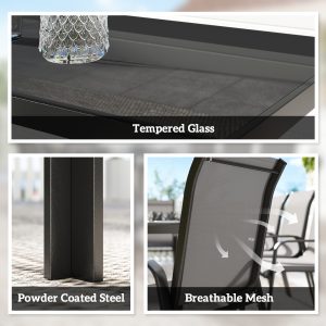 Outsunny 9 Pieces Patio Set with Stackable Chairs, Patio Dining Set with Glass Top for Garden, Patio, Backyard, Dark Grey - Image 5