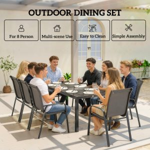 Outsunny 9 Pieces Patio Set with Stackable Chairs, Patio Dining Set with Glass Top for Garden, Patio, Backyard, Dark Grey - Image 6