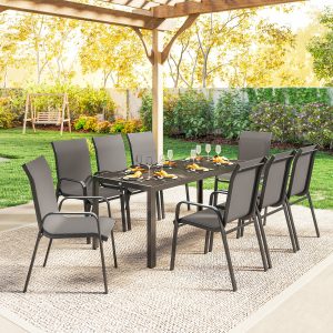 Outsunny 9 Pieces Patio Set with Stackable Chairs, Patio Dining Set with Glass Top for Garden, Patio, Backyard, Dark Grey - Image 7