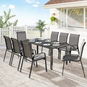 Outsunny 9 Pieces Patio Set with Stackable Chairs, Patio Dining Set with Glass Top for Garden, Patio, Backyard, Dark Grey - Image 8
