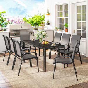 Outsunny 9 Pieces Patio Set with Stackable Chairs, Patio Dining Set with Glass Top for Garden, Patio, Backyard, Dark Grey - Image 9