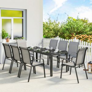 Outsunny 9 Pieces Patio Set with Stackable Chairs, Patio Dining Set with Glass Top for Garden, Patio, Backyard, Light Grey - Image 1