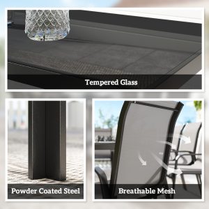 Outsunny 9 Pieces Patio Set with Stackable Chairs, Patio Dining Set with Glass Top for Garden, Patio, Backyard, Light Grey - Image 5