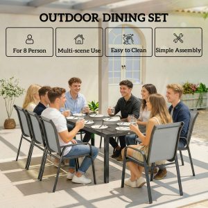 Outsunny 9 Pieces Patio Set with Stackable Chairs, Patio Dining Set with Glass Top for Garden, Patio, Backyard, Light Grey - Image 6