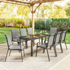 Outsunny 9 Pieces Patio Set with Stackable Chairs, Patio Dining Set with Glass Top for Garden, Patio, Backyard, Light Grey - Image 7