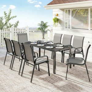 Outsunny 9 Pieces Patio Set with Stackable Chairs, Patio Dining Set with Glass Top for Garden, Patio, Backyard, Light Grey - Image 8