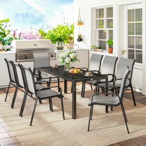 Outsunny 9 Pieces Patio Set with Stackable Chairs, Patio Dining Set with Glass Top for Garden, Patio, Backyard, Light Grey - Image 9