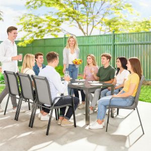 Outsunny 9 Pieces Patio Set with Stackable Chairs, Patio Dining Set with Glass Top for Garden, Patio, Backyard, Light Grey - Image 10