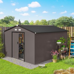 Outsunny 9' x 10.6' Garden Storage Shed w/ Foundation Kit Metal Tool Storage House w/ Double Doors Brown - Image 1