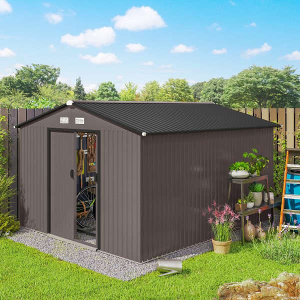 Outsunny 9' x 10.6' Garden Storage Shed w/ Foundation Kit Metal Tool Storage House w/ Double Doors Brown - Image 1