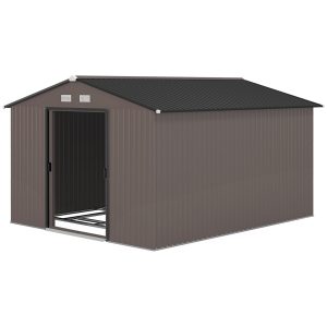 Outsunny 9' x 10.6' Garden Storage Shed w/ Foundation Kit Metal Tool Storage House w/ Double Doors Brown - Image 2