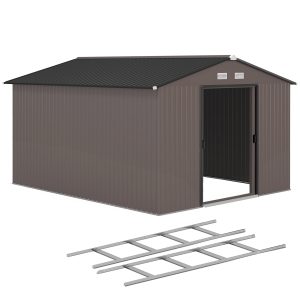 Outsunny 9' x 10.6' Garden Storage Shed w/ Foundation Kit Metal Tool Storage House w/ Double Doors Brown - Image 11