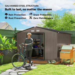 Outsunny 9' x 10.6' Garden Storage Shed w/ Foundation Kit Metal Tool Storage House w/ Double Doors Brown - Image 4