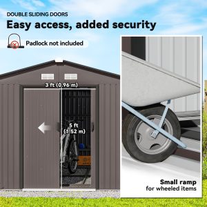 Outsunny 9' x 10.6' Garden Storage Shed w/ Foundation Kit Metal Tool Storage House w/ Double Doors Brown - Image 5