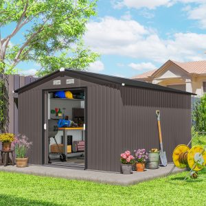 Outsunny 9' x 10.6' Garden Storage Shed w/ Foundation Kit Metal Tool Storage House w/ Double Doors Brown - Image 8