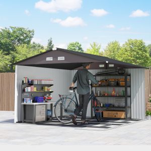 Outsunny 9' x 10.6' Garden Storage Shed w/ Foundation Kit Metal Tool Storage House w/ Double Doors Brown - Image 10