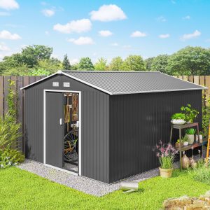 Outsunny 9' x 10.6' Garden Storage Shed w/ Foundation Kit Metal Tool Storage House w/ Double Doors Light Grey - Image 1