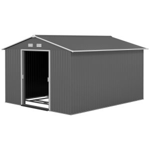 Outsunny 9' x 10.6' Garden Storage Shed w/ Foundation Kit Metal Tool Storage House w/ Double Doors Light Grey - Image 2