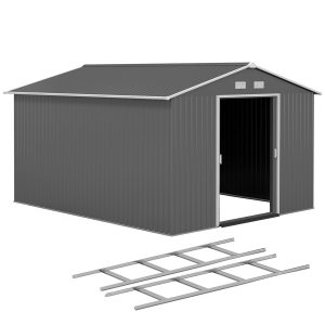 Outsunny 9' x 10.6' Garden Storage Shed w/ Foundation Kit Metal Tool Storage House w/ Double Doors Light Grey - Image 11
