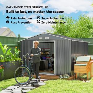 Outsunny 9' x 10.6' Garden Storage Shed w/ Foundation Kit Metal Tool Storage House w/ Double Doors Light Grey - Image 4