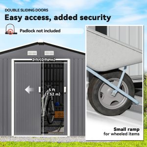 Outsunny 9' x 10.6' Garden Storage Shed w/ Foundation Kit Metal Tool Storage House w/ Double Doors Light Grey - Image 5