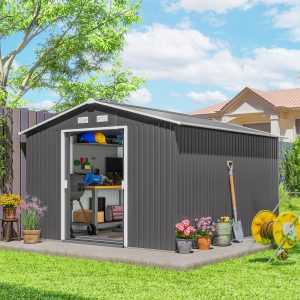 Outsunny 9' x 10.6' Garden Storage Shed w/ Foundation Kit Metal Tool Storage House w/ Double Doors Light Grey - Image 8