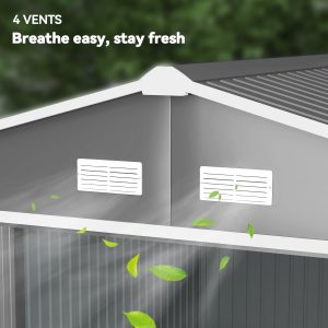 Outsunny 9' x 10.6' Garden Storage Shed w/ Foundation Kit Metal Tool Storage House w/ Double Doors Light Grey - Image 9