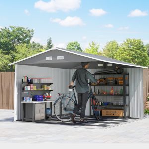Outsunny 9' x 10.6' Garden Storage Shed w/ Foundation Kit Metal Tool Storage House w/ Double Doors Light Grey - Image 10
