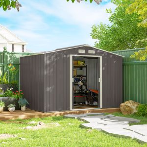 Outsunny 9x6 Galvanized Steel Ventilated Garden Storage Shed with Double Doors, Foundation Kit, Grey - Image 1