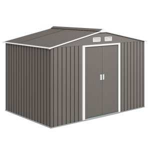 Outsunny 9x6 Galvanized Steel Ventilated Garden Storage Shed with Double Doors, Foundation Kit, Grey - Image 2