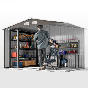 Outsunny 9x6 Galvanized Steel Ventilated Garden Storage Shed with Double Doors, Foundation Kit, Grey - Image 15
