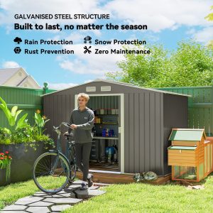 Outsunny 9x6 Galvanized Steel Ventilated Garden Storage Shed with Double Doors, Foundation Kit, Grey - Image 4