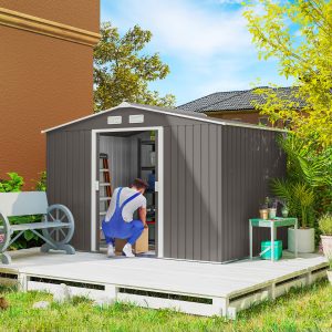 Outsunny 9x6 Galvanized Steel Ventilated Garden Storage Shed with Double Doors, Foundation Kit, Grey - Image 8
