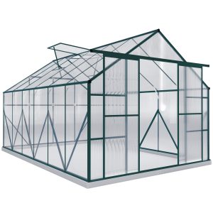 Outsunny Aluminium Greenhouse Polycarbonate Walk-in Garden Greenhouse Kit with Adjustable Roof Vent, 8 x 12ft, Green - Image 11