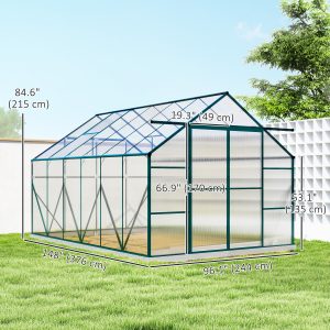 Outsunny Aluminium Greenhouse Polycarbonate Walk-in Garden Greenhouse Kit with Adjustable Roof Vent, 8 x 12ft, Green - Image 12