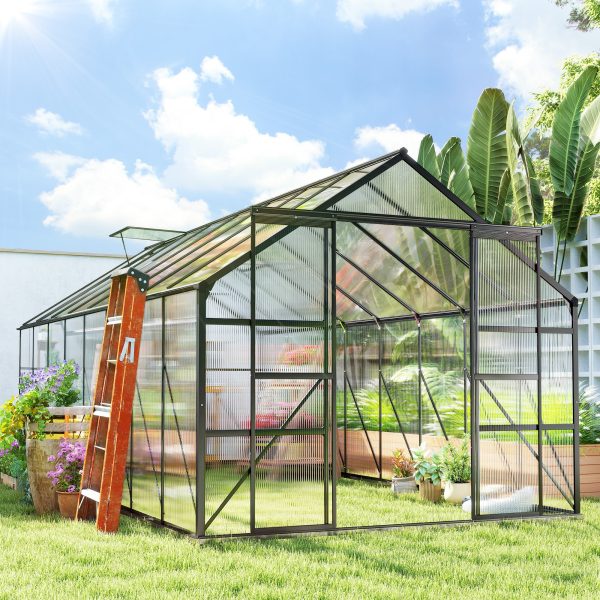 Outsunny Aluminum Greenhouse Polycarbonate Walk-in Garden Greenhouse Kit with Rain Gutter and Sliding Door, 16' x 8', Dark Grey - Image 1