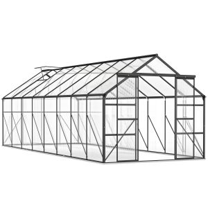 Outsunny Aluminum Greenhouse Polycarbonate Walk-in Garden Greenhouse Kit with Rain Gutter and Sliding Door, 16' x 8', Dark Grey - Image 21