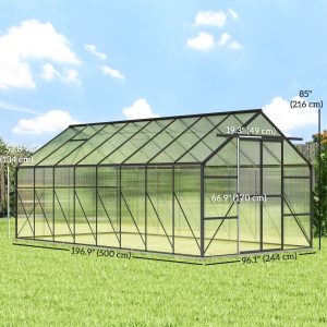 Outsunny Aluminum Greenhouse Polycarbonate Walk-in Garden Greenhouse Kit with Rain Gutter and Sliding Door, 16' x 8', Dark Grey - Image 13