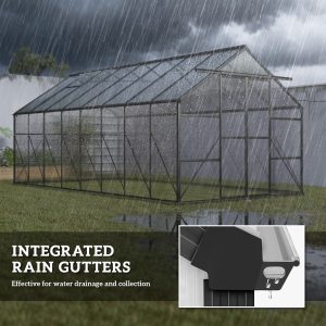Outsunny Aluminum Greenhouse Polycarbonate Walk-in Garden Greenhouse Kit with Rain Gutter and Sliding Door, 16' x 8', Dark Grey - Image 17