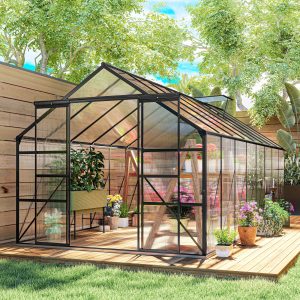 Outsunny Aluminum Greenhouse Polycarbonate Walk-in Garden Greenhouse Kit with Rain Gutter and Sliding Door, 16' x 8', Dark Grey - Image 18