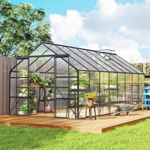Outsunny Aluminum Greenhouse Polycarbonate Walk-in Garden Greenhouse Kit with Rain Gutter and Sliding Door, 16' x 8', Dark Grey - Image 19