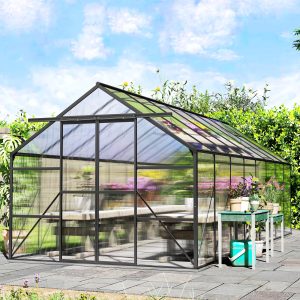 Outsunny Aluminum Greenhouse Polycarbonate Walk-in Garden Greenhouse Kit with Rain Gutter and Sliding Door, 16' x 8', Dark Grey - Image 20