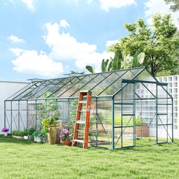 Outsunny Aluminum Greenhouse Polycarbonate Walk-in Garden Greenhouse with Sliding Door, 20' x 8', Green - Image 1