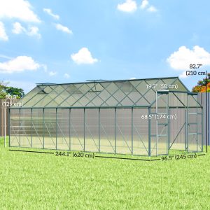 Outsunny Aluminum Greenhouse Polycarbonate Walk-in Garden Greenhouse with Sliding Door, 20' x 8', Green - Image 3