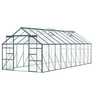 Outsunny Aluminum Greenhouse Polycarbonate Walk-in Garden Greenhouse with Sliding Door, 20' x 8', Green - Image 12