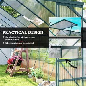 Outsunny Aluminum Greenhouse Polycarbonate Walk-in Garden Greenhouse with Sliding Door, 20' x 8', Green - Image 15