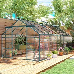 Outsunny Aluminum Greenhouse Polycarbonate Walk-in Garden Greenhouse with Sliding Door, 20' x 8', Green - Image 18